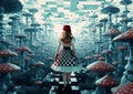 the girl is standing in front of an artistic photo of a maze of toad