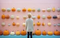 Girl standing in front of the display shelves with various pumpkins.