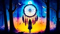 Girl standing in front of dream catcher in forest at night. Generative AI Royalty Free Stock Photo