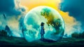 Girl standing in front of glass sphere with trees and clouds. Generative AI Royalty Free Stock Photo