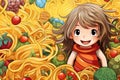 a girl standing in front of a pile of pasta and vegetables. generative ai