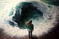 The girl is standing in front of the tsunami wave, Generative AI