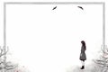 a girl is standing in front of a white frame with birds flying above her Royalty Free Stock Photo
