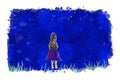 Girl standing in grass field and looking at night sky with stars, blue tones image, cartoon watercolor painting