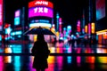 A girl standing on a japanese street with an umbrella during the night.