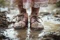 Girl standing in muddy puddle Ai photo Royalty Free Stock Photo