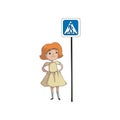 Girl is standing near a road sign. Crosswalk. Vector illustration on white background.