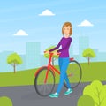 Girl Standing Next to Bicycle, Young Woman Riding Bike in Urban Public Park Vector Illustration Royalty Free Stock Photo