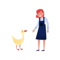 Girl standing next to goose, female farmer taking care of animal on farm, poultry breeding vector Illustration on a