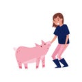 Girl standing next to pig, female farmer taking care of animal on farm vector Illustration on a white background Royalty Free Stock Photo