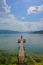 Girl standing on an old worn wooden pier in Danube river