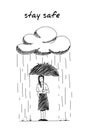 Girl standing in the rain under an umbrella handdrawn illustration. Cartoon vector clip art of a rainy cloud and cute young woman
