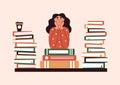 Girl standing surrounded by stacks of books Royalty Free Stock Photo