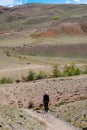 The girl stands against the background of a steppe landscape