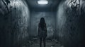 Girl stands in dark scary room alone, back view of young woman in spooky creepy place. Female person like in thriller or horror Royalty Free Stock Photo