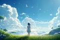 a girl stands in a meadow with her back to the viewer, a beautiful summer landscape, mountains in the distance, a blue sky Royalty Free Stock Photo