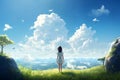 a girl stands in a meadow with her back to the viewer, a beautiful summer landscape, mountains in the distance, a blue sky Royalty Free Stock Photo