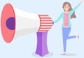 Girl stands near loudspeaker and speaks. Advertising, business marketing, announcements concept