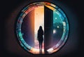 Girl stands at open door, large round portal window to another world: stars, mountains and the universe. Generative AI Royalty Free Stock Photo