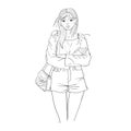 The girl stands in a pose with her arms crossed. The wind sways her hair. Long sleeve sweater, shorts, purse. Hand drawing, sketch