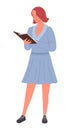 Girl stands and reads a book. Education hobby concept vector
