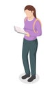 Girl stands and reads a book. Education hobby concept vector