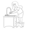 Girl stands on a stool and washes her hands under running water, outline drawing, isolated object on a white background