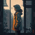 Girl stay in rain next with window flat illustration. Concept for RAINN Day: the fight against sexual violence. Generative AI Royalty Free Stock Photo