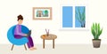 Girl stays at home in chair sits and works with a laptop, window, cofee flat vector illustration