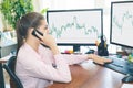 Girl stockbroker trades online by taking orders over the phone. Two white computer screens with graphs. Royalty Free Stock Photo