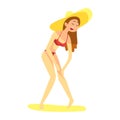 Girl In Straw Hat Applying Sunscreen On Her Leg, Part Of Friends In Summer On The Beach Series Of Vector Illustrations