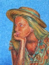 Girl with straw hat - drawing with colored pencils.