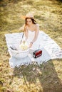 Girl with a straw hat in the spring in the park. Brunette with long hair sitting on a plaid on a background of summer nature. Royalty Free Stock Photo