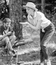 Girl in straw hat trying roasted food nature background. Delicious picnic food. Tips every camper should know about