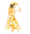 Girl in straw hat and vintage dress, summer watercolor illustration on white background