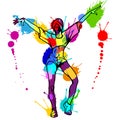 Girl street dancer with colorful paint blobs