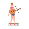 Girl Street Musician Playing Acoustic Guitar, Live Performance Concept Cartoon Style Vector Illustration