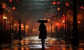A girl on the street on a rainy autumn evening.