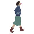 Girl in street style look clothing. Young woman walking, making chewing gum balloons. Female character.