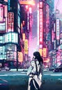 Girl on the street in Tokyo.Cyberpunk steampunk drawing