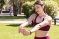 Girl stretching her hands and wrists Royalty Free Stock Photo