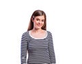 Girl in striped t-shirt, young beautiful woman, studio shot
