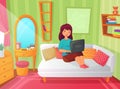 Girl student bedroom. Teenager apartment room, online study at home and woman student reading on laptop computer cartoon