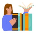 Girl student with books, education, young woman with glasses holding open book in hand Royalty Free Stock Photo