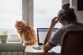 Girl student freelancer working at home on a task, the cat is si Royalty Free Stock Photo