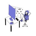 Girl student sits in front of computer and studies. Vector