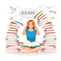 Girl student surrounded with books and prepares for exam