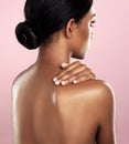Girl, studio and back with glow, skincare and cosmetics with satisfaction and confidence. Model, aesthetic or body care