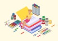 Girl study, education, learning vector illustration. Kid with books, paints, pens for lessons, child creativity.