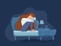 Sleepy awake woman in bed suffers from insomnia. Vector illustration